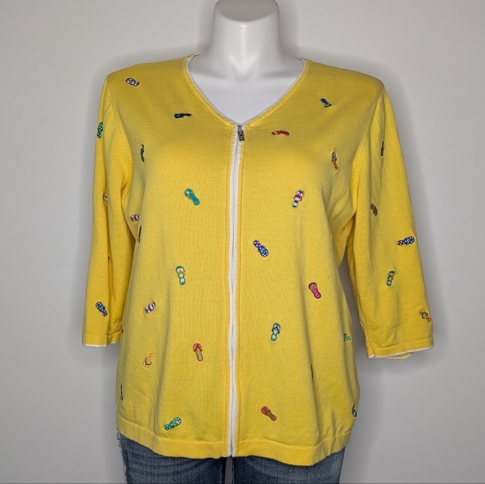 CJ Banks Yellow Flip Flop Embroidered 1/2 Sleeve Zip Up V Neck Cardigan 1X